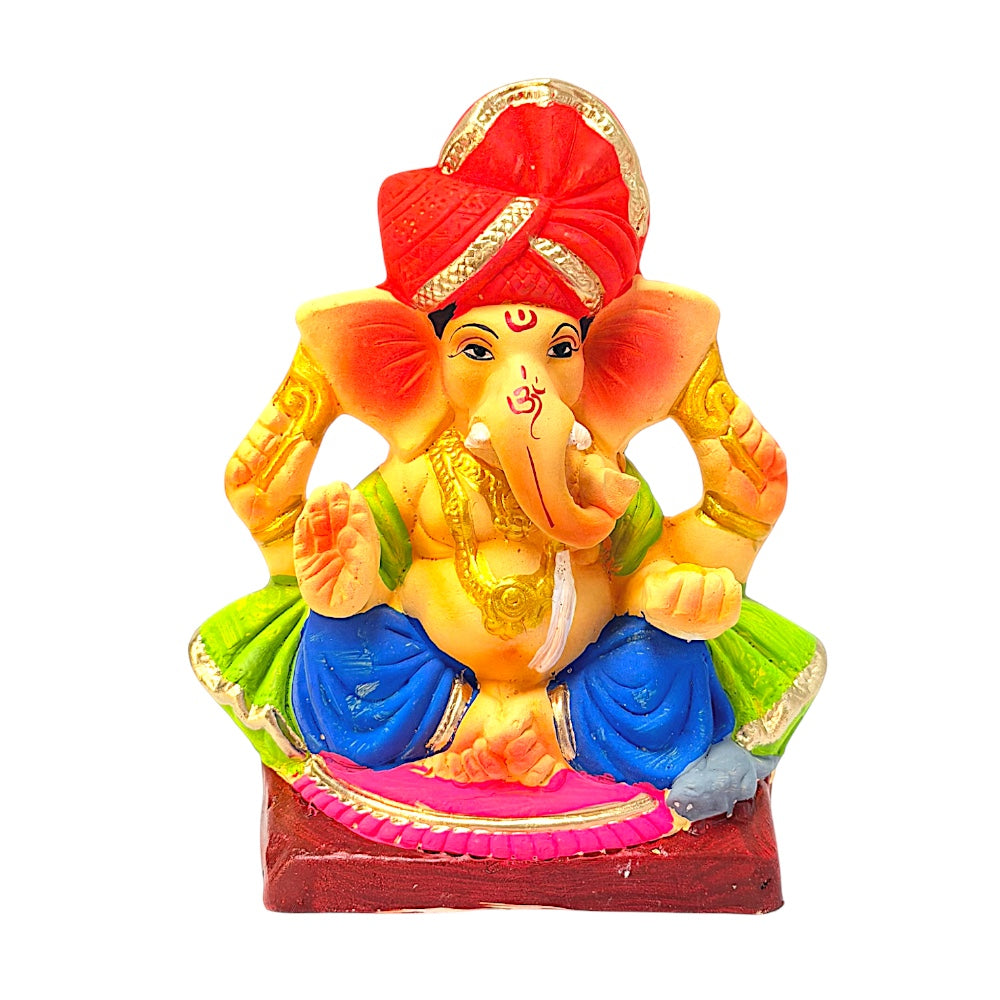 Eco-Friendly Clay Ganesha, color and gold with turban 6" (MOQ=18 pcs)