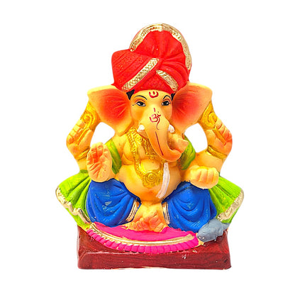 Eco-Friendly Clay Ganesha, color and gold with turban 6" (MOQ=18 pcs)