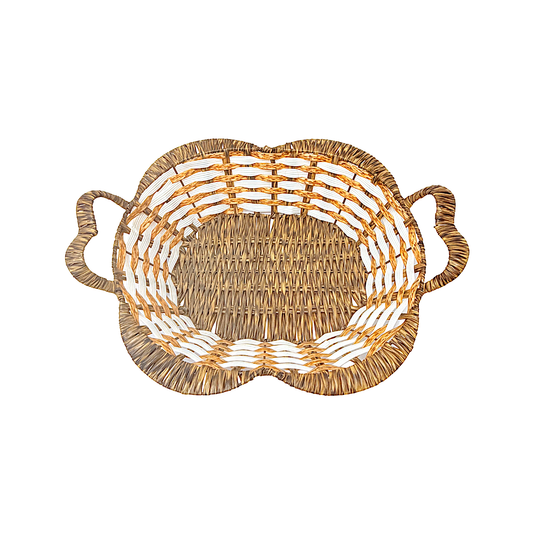 Mkaurs rectangular flower woven offwhite and brown  wicker basket with handles (MOQ=dz)