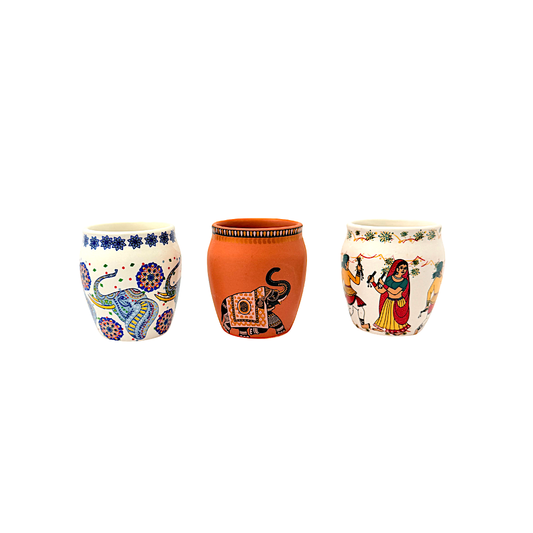 Set of 6, 8oz tea cups (kullad) with Indian designs (Color and design may vary)