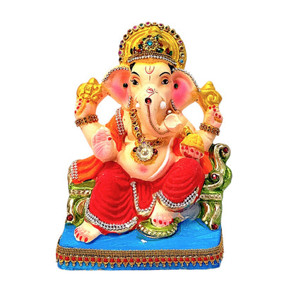 Eco-Friendly Clay Ganesha, color and gold on throne 8" (MOQ=8 pcs)