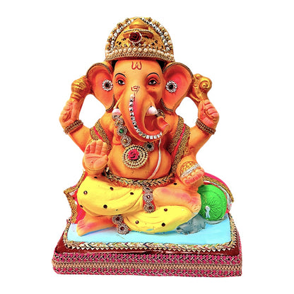 Eco-Friendly Clay Ganesha, color and gold on throne 12" (MOQ=4 pcs)