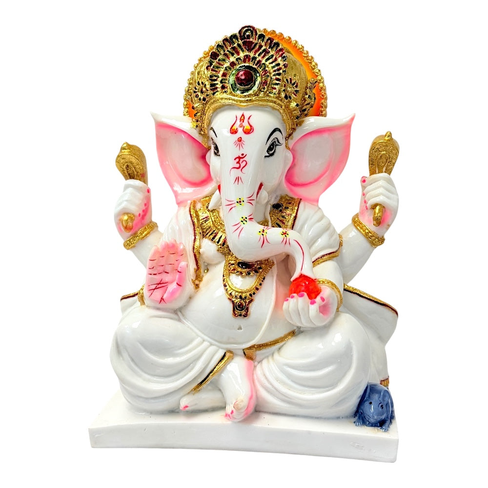 Lord Ganesha with Laddoo, white and gold, marble dust 12" (MOQ=ea)