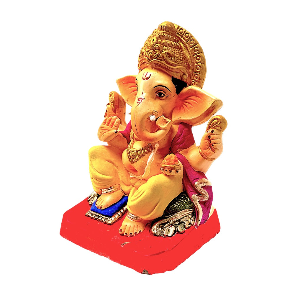 Eco-Friendly Clay Ganesha, color and gold on throne 10" (MOQ=6 pcs)
