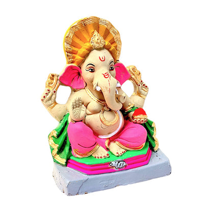 Eco-Friendly Clay Ganesha, clay, color and gold on throne 10" (MOQ=6 pcs)