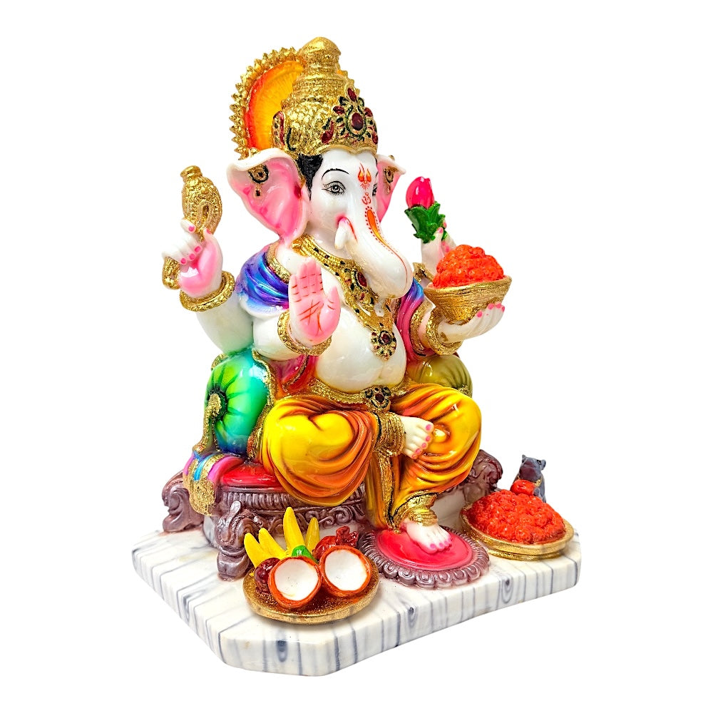 Lord Ganesha with offerings, colored, marble dust 12" (MOQ=ea)