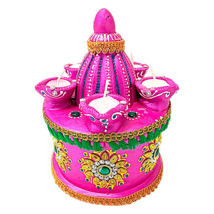 Clay Mandir style diya with Wax, assorted colors (MOQ=dz)