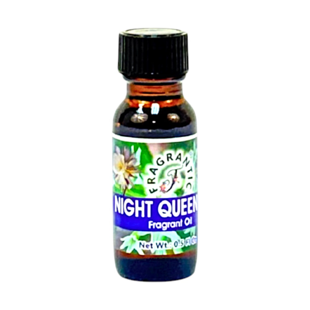 Fragrantic brand, Night Queen fragrant oil in a small amber glass bottle with a black cap. Features floral imagery and product details on the label.