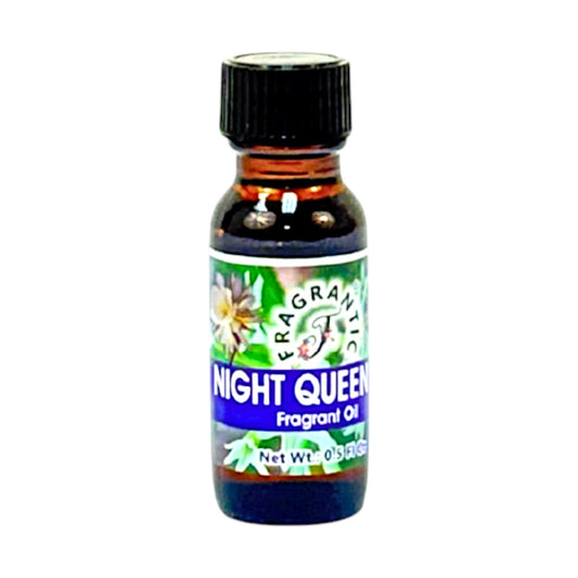 Fragrantic brand, Night Queen fragrant oil in a small amber glass bottle with a black cap. Features floral imagery and product details on the label.