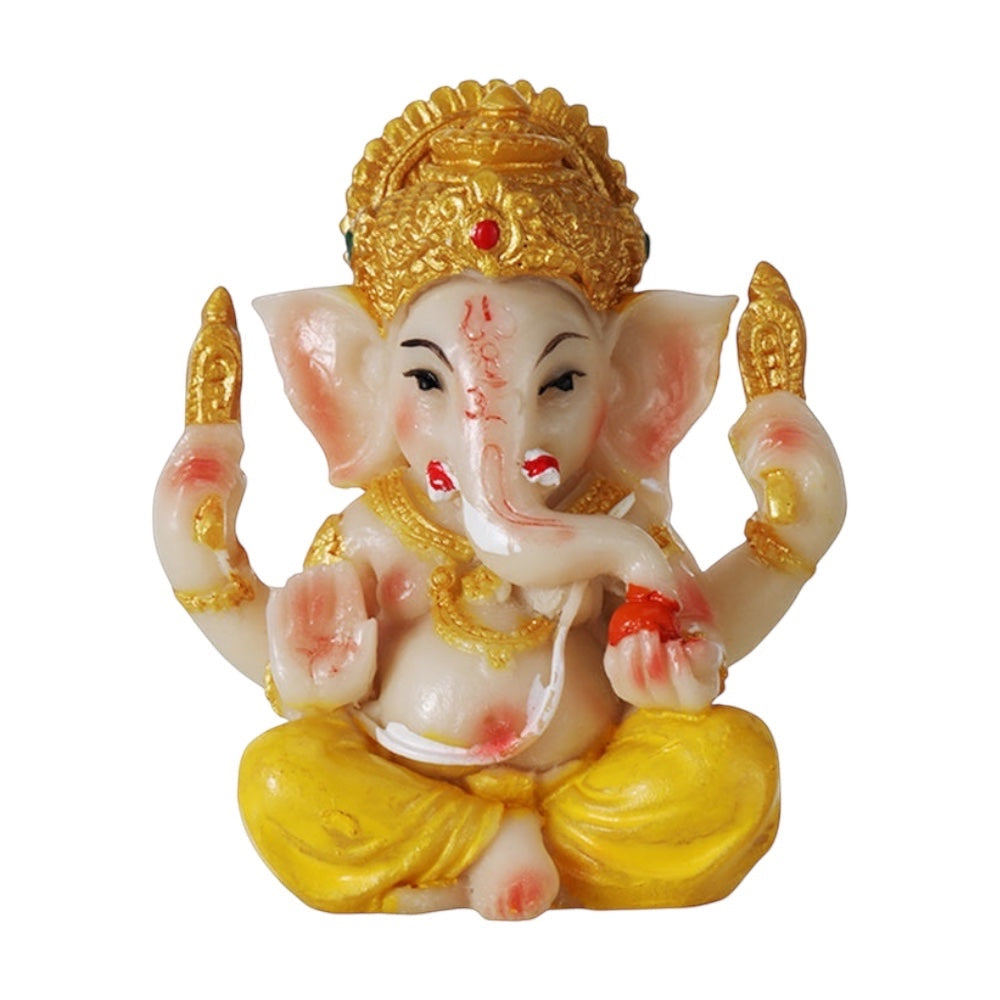 Lord Ganesh statue, 2 inches, glossy finish, seated with golden crown and yellow dhoti.