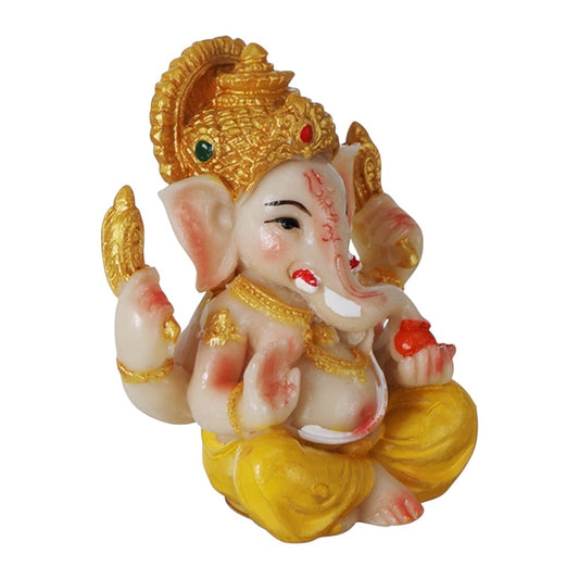 Lord Ganesh figurine, 2" glossy, white and gold with yellow dhoti.